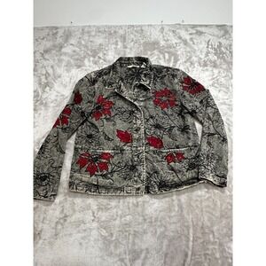 French Laundry Denim Jacket‎  Womens Size Medium Gray Red Floral Pockets EUC